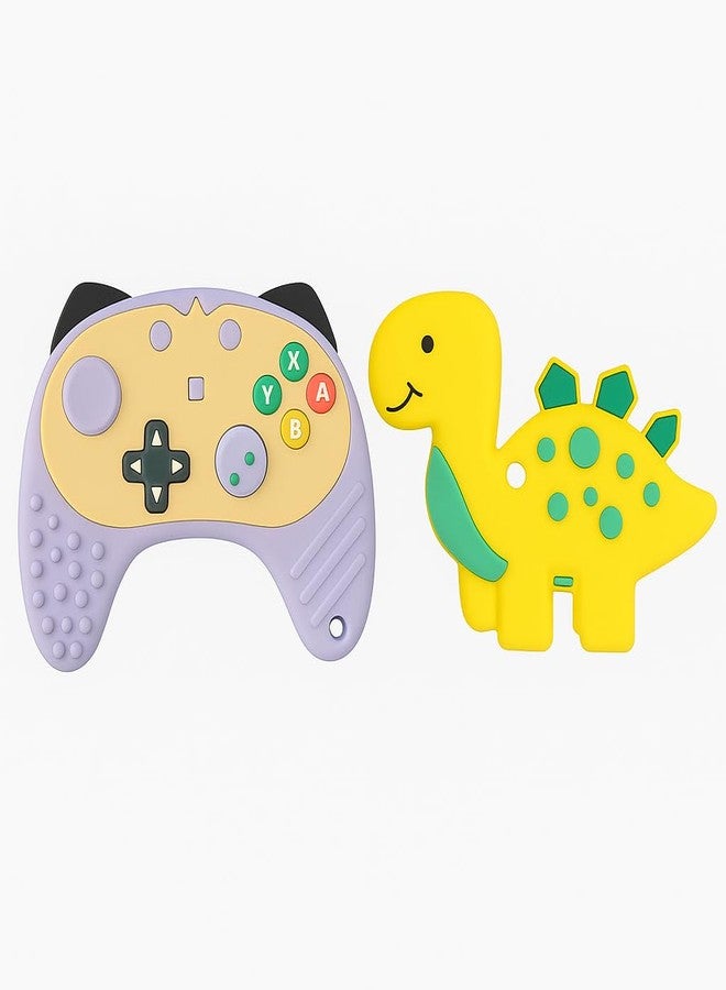 DTR Creation Silicone Baby Teether Pack of 2 – Cute Yellow Dinosaur Teether & Gamepad Shape | BPA-Free, Food-Grade, Soft & Chewable | Teething Toy for Infants & Toddlers (0–3 Years) - Image 1