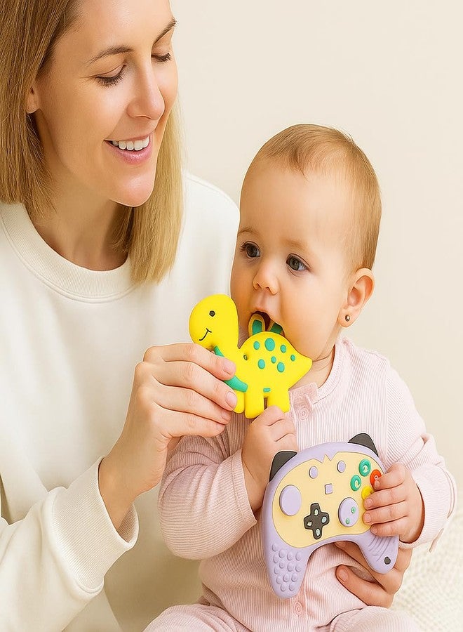 DTR Creation Silicone Baby Teether Pack of 2 – Cute Yellow Dinosaur Teether & Gamepad Shape | BPA-Free, Food-Grade, Soft & Chewable | Teething Toy for Infants & Toddlers (0–3 Years) - Image 2