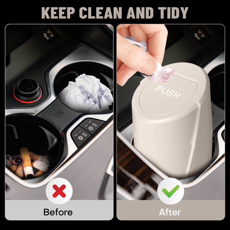 SGLRT Car Trash Can Bin with Lid - Car Garbage Can Cup Holder - Light Beige Mini Leakproof Vehicle Garbage Bin with 40pcs Trash Bags-Automotive Organizers and Storage for Front Back Seat Accessories - Image 2