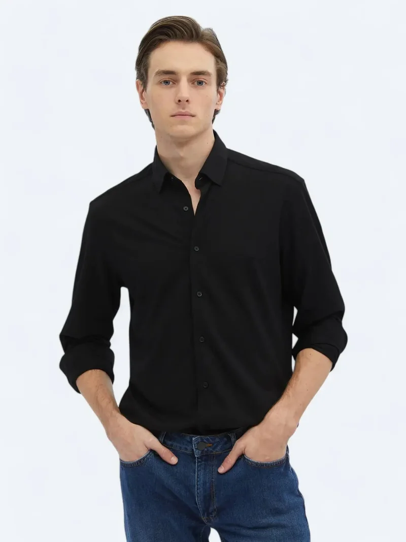Kip Black Regular Fit Knitting Casual Cotton Blended Shirt