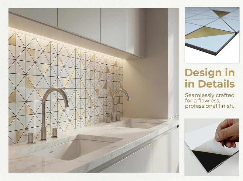 weimeisc 10 Sheets Small Triangle Peel and Stick Backsplash Tile for Kitchen, Self-Adhesive Mosaic Tile, Stick on Bathroom Vanities，Fireplace Décor, Laundry Table (White+Gold) - Image 2