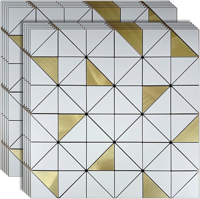 weimeisc 10 Sheets Small Triangle Peel and Stick Backsplash Tile for Kitchen, Self-Adhesive Mosaic Tile, Stick on Bathroom Vanities，Fireplace Décor, Laundry Table (White+Gold) - Image 1