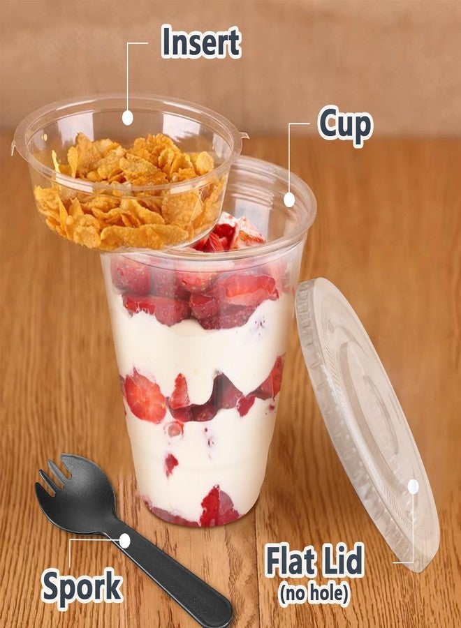 Slomg 12 oz 50 Sets Plastic Parfait Cups with Flat Lids, Disposable Clear Fruit Dessert Cups with Forks and Inserts, To Go Snack Yogurt Containers for Cereal Dips Veggies Breakfast Party - Image 4