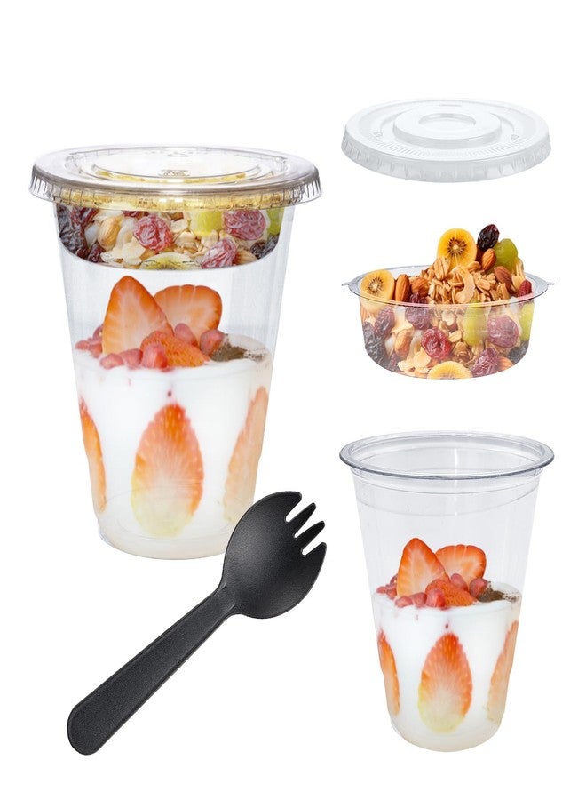 Slomg 12 oz 50 Sets Plastic Parfait Cups with Flat Lids, Disposable Clear Fruit Dessert Cups with Forks and Inserts, To Go Snack Yogurt Containers for Cereal Dips Veggies Breakfast Party - Image 1