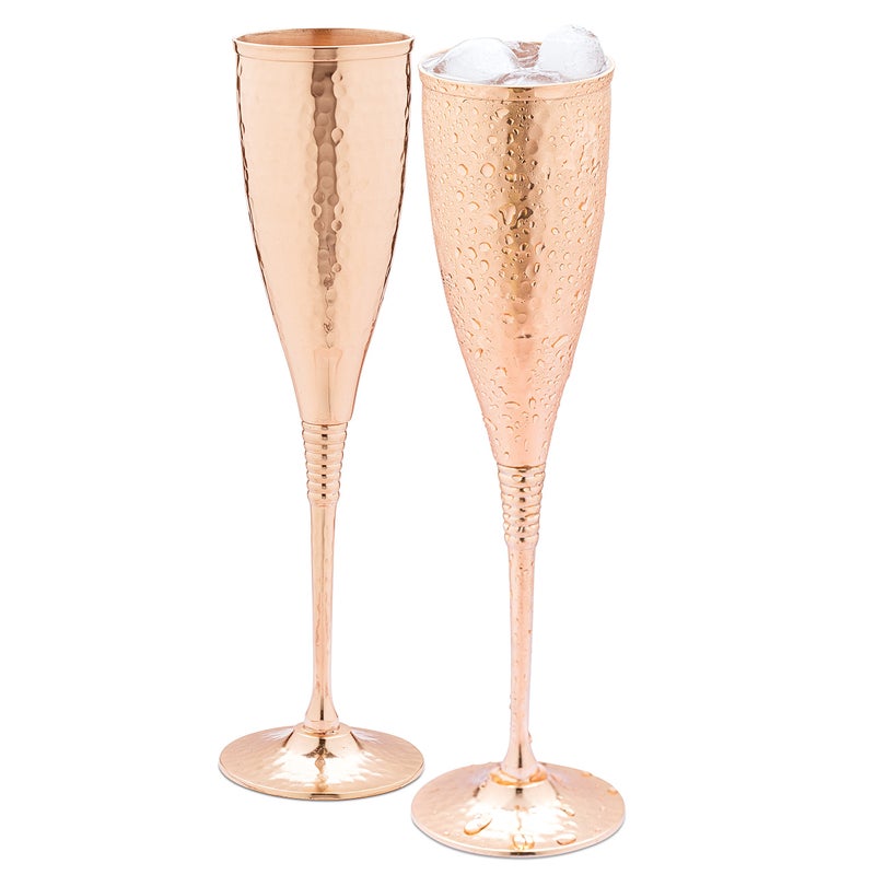 Mosscoff Copper champagne flutes of 67 oz set of 2  Luxurious hammered copper champagne glasses  Each one is handcrafted and lacquered to prevent from tarnishing