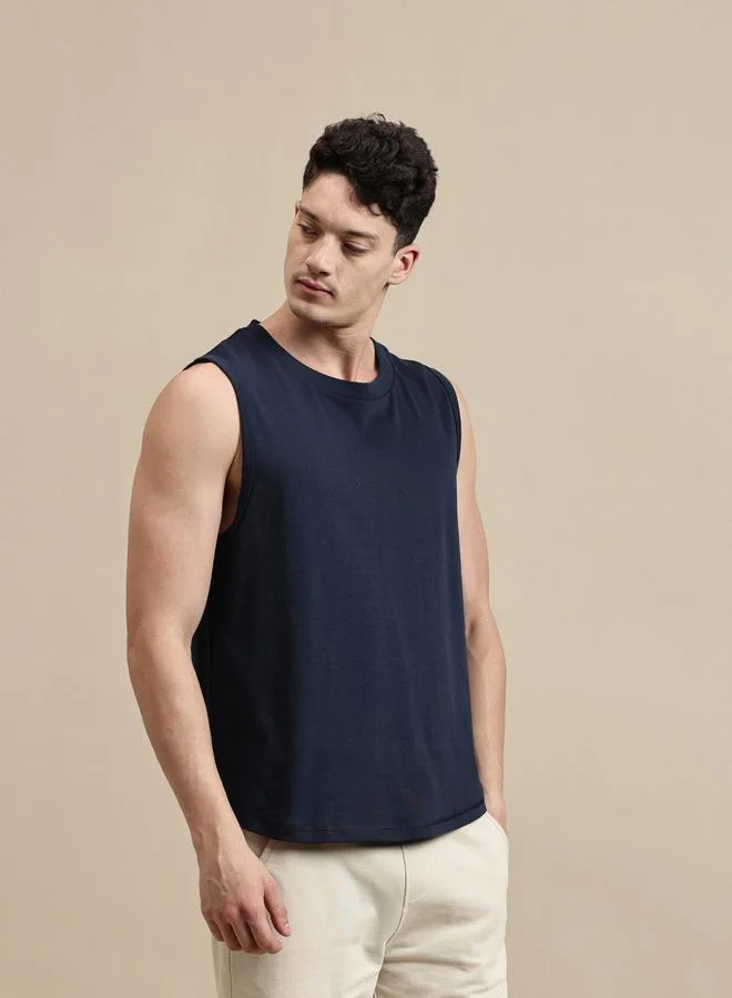 ECOLORE Men Navy Blue Solid 100% Cotton Comfort Fit Tank