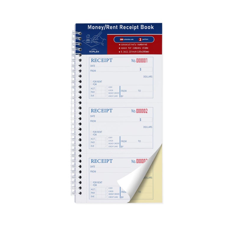 Yeplan Receipt Book with Carbon Copies,Money and Rent Receipt Book,2-Part Carbonless,5.31" x 11.22",Spiral Bound,200 Sets per Book,4 Receipts per Page. - Image 3