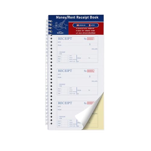 Yeplan Receipt Book with Carbon Copies,Money and Rent Receipt Book,2-Part Carbonless,5.31" x 11.22",Spiral Bound,200 Sets per Book,4 Receipts per Page. - Image 1