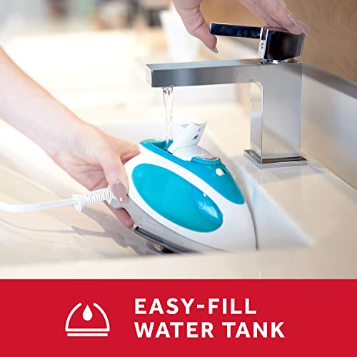 Sunbeam Travel Steam Iron, 1080 Watt, Dual Voltage 120/240, Compact Size, Portable, Non-Stick Soleplate, Soft Touch Handle, Horizontal or Vertical Use, Travel Bag, White and Teal - Image 5