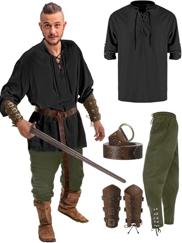 Jiuguva 4 Pcs Halloween Men's Renaissance Costume Set Medieval Pirate Shirt Ankle Banded Pants Viking Belt Accessories (Elegant Color,Medium) - Image 1