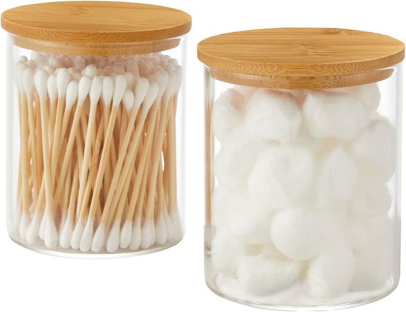 EZALLA EZALLA 2 Pcs Glass Qtip Holder with Wood Lids 16 oz Apothecary Jars Cotton Swabs Dispenser Cotton Pads Canister for Bathroom Storage Organizer  - Image 1