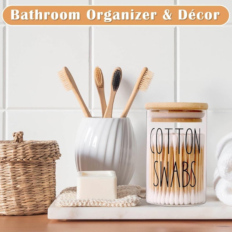 EZALLA EZALLA 2 Pcs Glass Qtip Holder with Wood Lids 16 oz Apothecary Jars Cotton Swabs Dispenser Cotton Pads Canister for Bathroom Storage Organizer  - Image 3