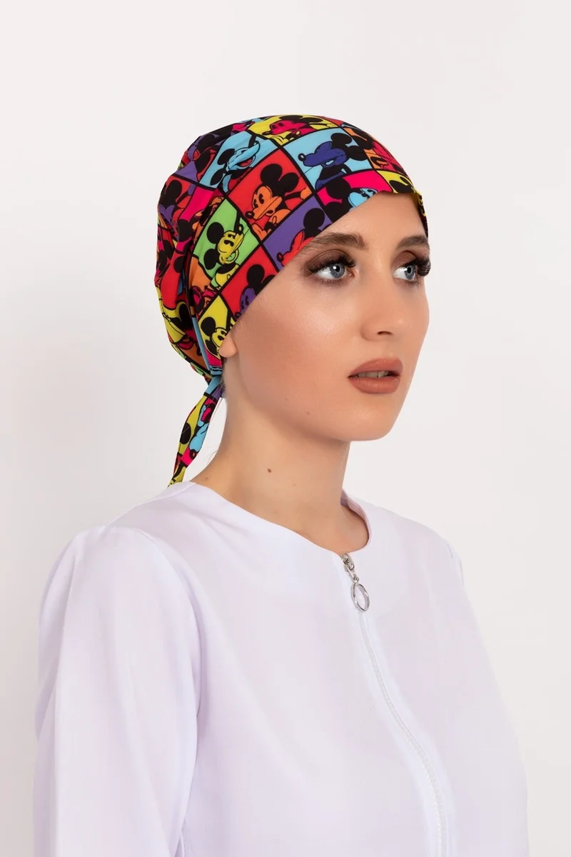 Nur Medikal Giyim Nur Medical Clothing Checkered Mickey Patterned Hijab Doctor Nurse Hospital Cook Surgical Cap