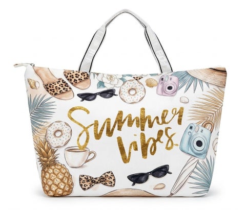 SUMMER VIBES Large Beach Bag – Pineapple Print – White & Brown – 60 × 30 cm