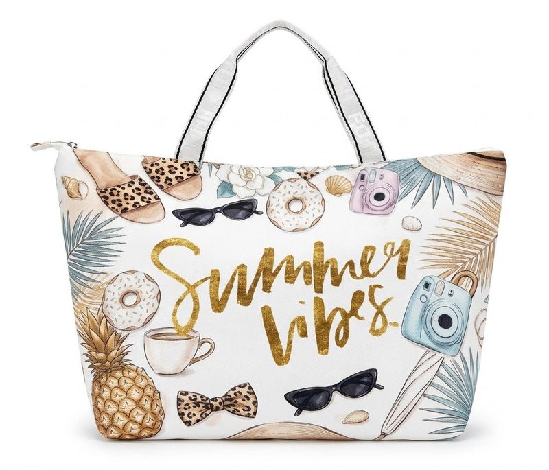 SUMMER VIBES Large Beach Bag – Pineapple Print – White & Brown – 60 × 30 cm - Image 1