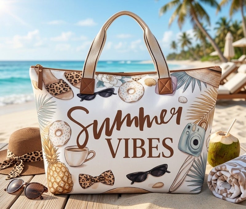SUMMER VIBES Large Beach Bag – Pineapple Print – White & Brown – 60 × 30 cm - Image 2