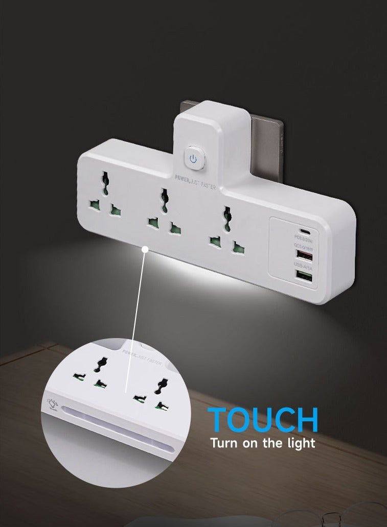 نكومي محول شريط الطاقة المتعدد مع ضوء ليلي، محول كهربائي عالمي مع 1 USB-A و 1 PD3.0/20W و 1 QC 3.0/18W، شاحن جداري موسع مع 3 مداخل - Image 1