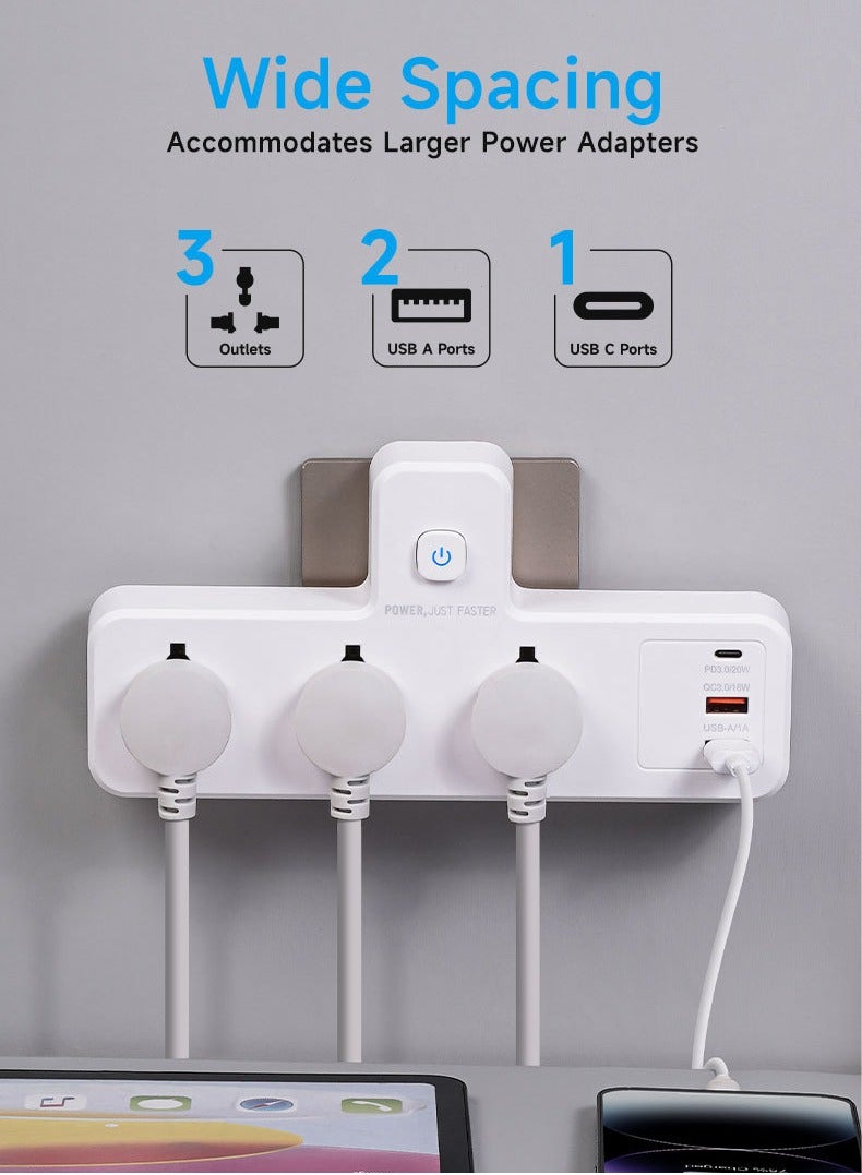 نكومي محول شريط الطاقة المتعدد مع ضوء ليلي، محول كهربائي عالمي مع 1 USB-A و 1 PD3.0/20W و 1 QC 3.0/18W، شاحن جداري موسع مع 3 مداخل - Image 3