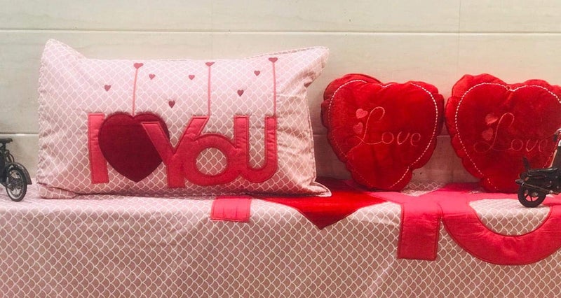 Anjali Overseas I Love You Patch Designer Cotton Double Bedsheet for Couples with 2 Pillow Covers and 2 Heart Cushion Red  - Image 2