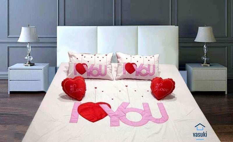 Anjali Overseas I Love You Patch Designer Cotton Double Bedsheet for Couples with 2 Pillow Covers and 2 Heart Cushion Red  - Image 1