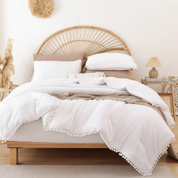 TWIN COMFORTER SET COMFORTER TWIN SIZE BED WITH BALL POM FRINGE SOFT BEDDING SET FOR ALL SEASONS 2 PIECES 1 COMFORTER 66X90 1 PILLOW SHAM20X26 WHITE