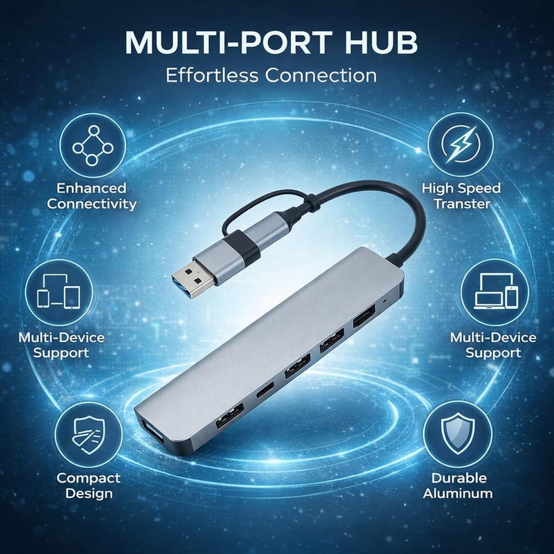 USB Type C Hub with Aluminum Alloy Body, 1 USB3.0, 4 USB2.0, 2 Type C Ports - Fast Data Transfer, Stable Connection, Portable for Laptop Tablet Phone - Image 3
