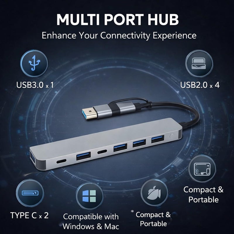 USB Type C Hub with Aluminum Alloy Body, 1 USB3.0, 4 USB2.0, 2 Type C Ports - Fast Data Transfer, Stable Connection, Portable for Laptop Tablet Phone - Image 4