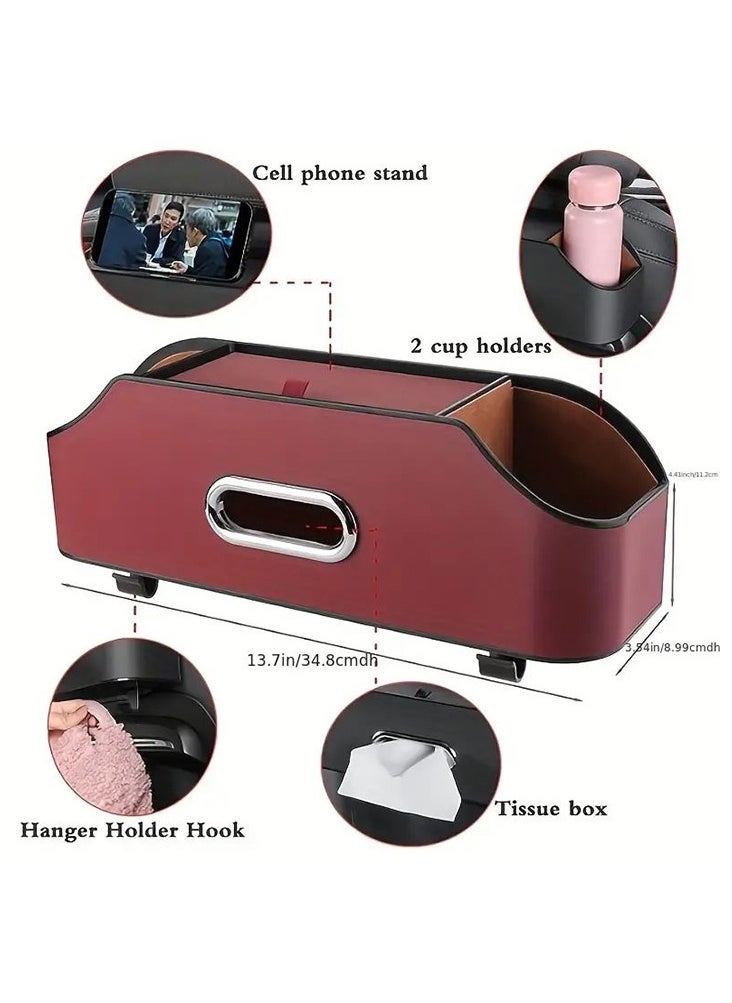 CARONIC 1 Pcs Vehicle Multifunctional Storage Box, Car Back Seat Organizer and Storage with 2 Drink Cup Holder, Premium PU Leather Universal Hanging Car Seat Back Organizer Maroon  - Image 2