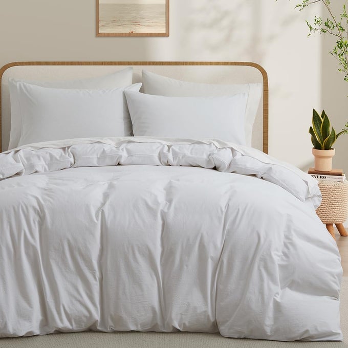 100 WASHED COTTON DUVET COVER QUEEN SIZE WHITE LINEN LIKE BREATHABLE NATURAL BEDDING SET NO COMFORTER 90X90 INCHES