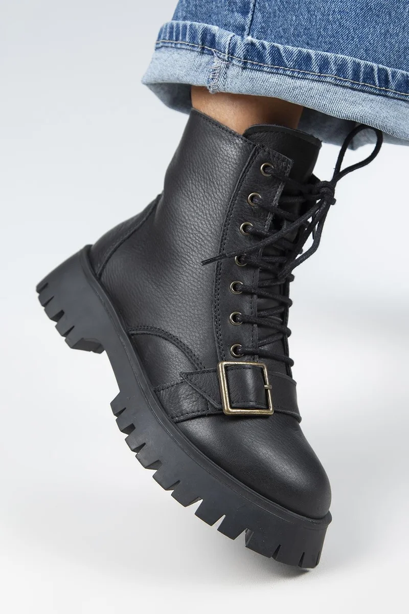 Manijero Manijero (Mihri) Women's Genuine Leather Lace-up, Inner Zipper, Top Buckle Black Boots
