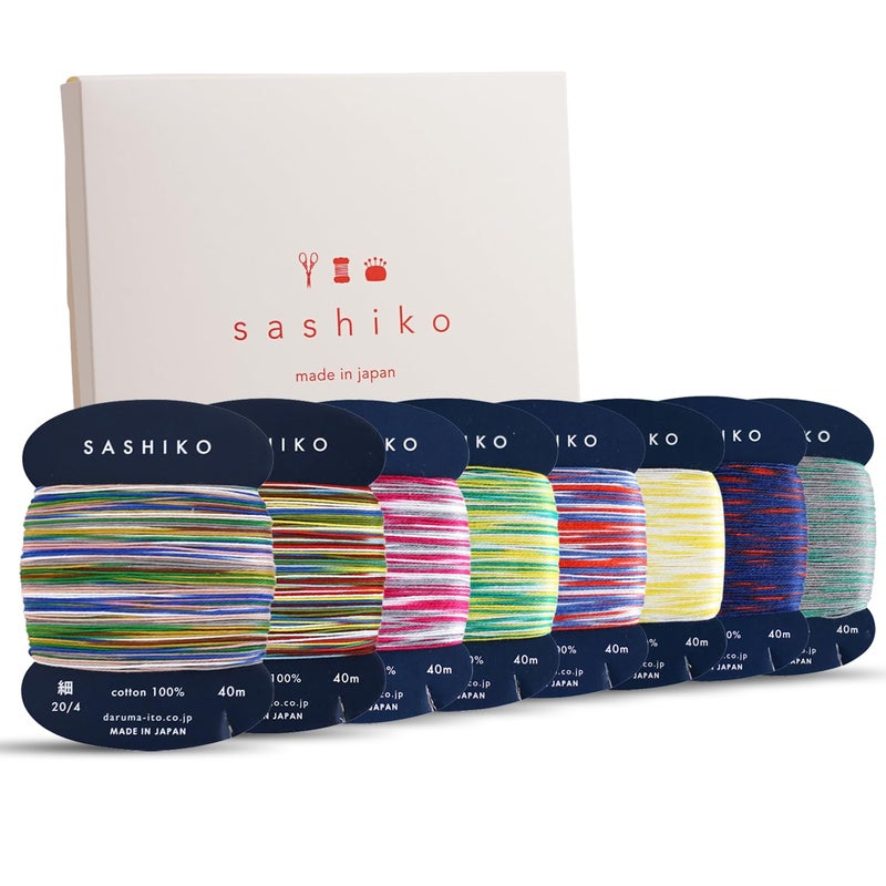 DARUMA Sashiko Thread 100 Cotton Card Type 437 yd x 8 Colors with English Manual Sewing  Embroidery Value Set with Gift Package Thin Kasuri