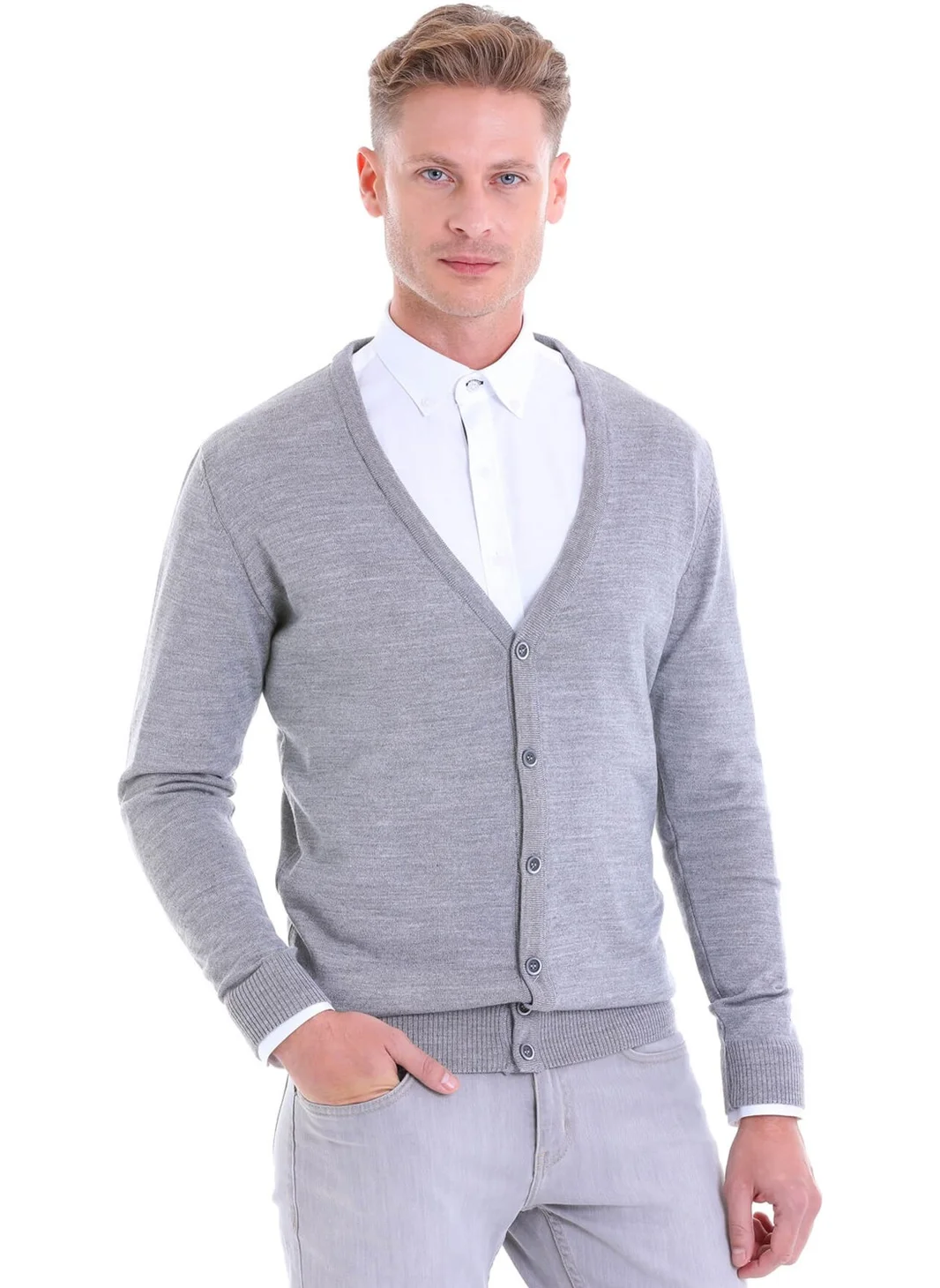 Hatemoğlu Gray Regular Fit Plain Wool V-Neck Knitwear Cardigan