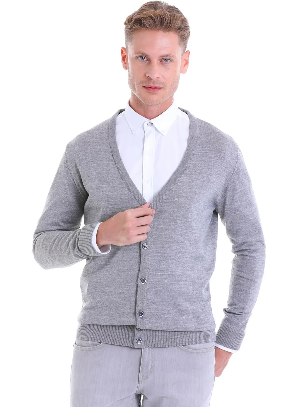 Hatemoğlu Gray Regular Fit Plain Wool V-Neck Knitwear Cardigan