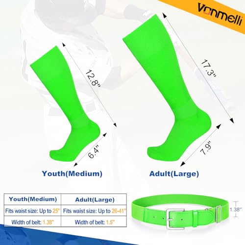 VONMELLI Youth Baseball Belt and Socks Combo, Elastic Fluorescent Green Softball Belts and Socks for Boys(2 Pairs of Socks & 1 Belt) - Image 3