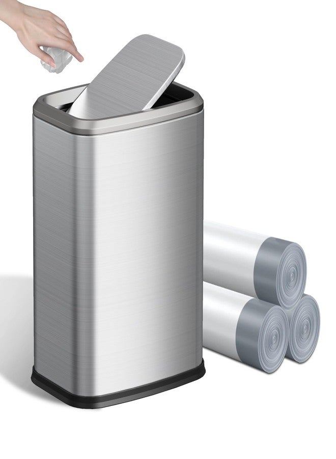 KHMMGK 8L/2.1 Gal Small Bathroom Trash Can with Lid, Swing-Top Rectangular Waste Bin, Stainless Steel Garbage Can for Home, Office, Toilet, Bedroom, Living Room (Silver) - Image 1