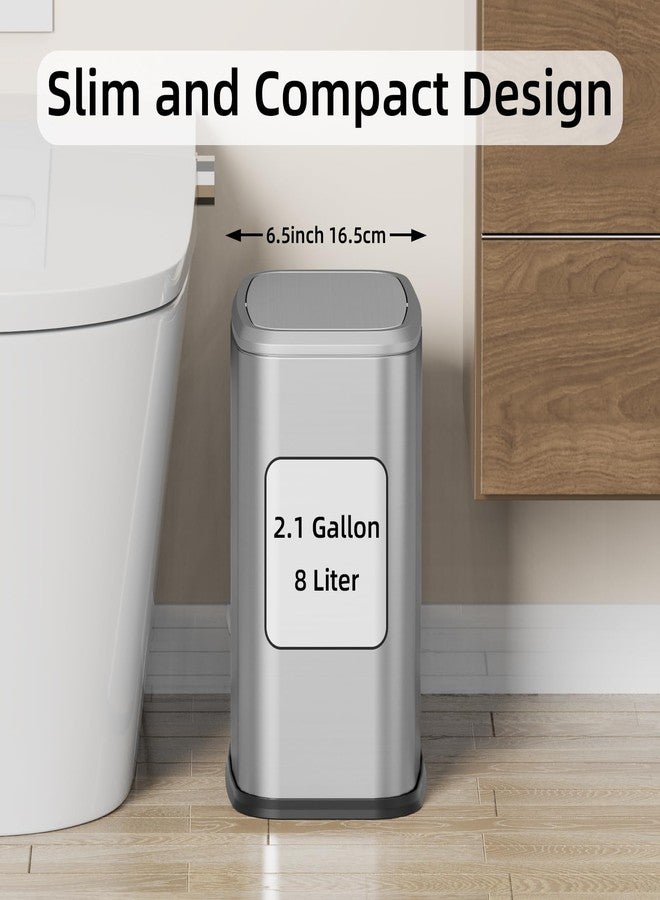 KHMMGK 8L/2.1 Gal Small Bathroom Trash Can with Lid, Swing-Top Rectangular Waste Bin, Stainless Steel Garbage Can for Home, Office, Toilet, Bedroom, Living Room (Silver) - Image 2