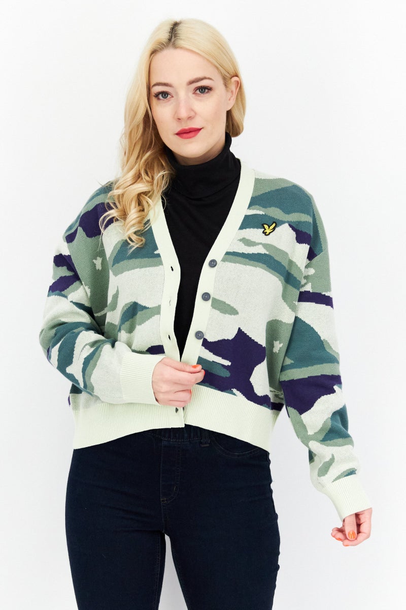 Lyle & Scott كارديغانات نسائية بياقة على شكل حرف V بشعار العلامة التجارية، مجموعة خضراء - Image 1