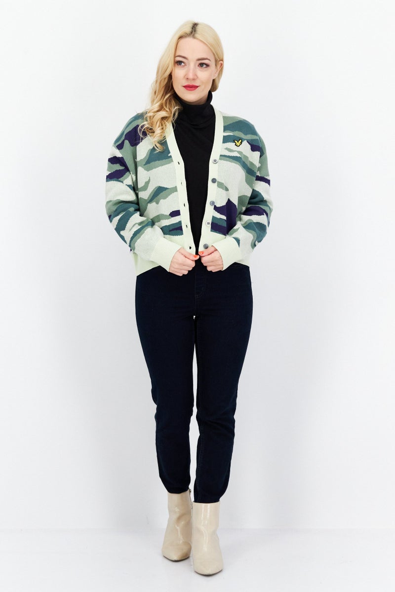 Lyle & Scott Women V-Neck Brand Logo Cardigans, Green Combo - Image 2