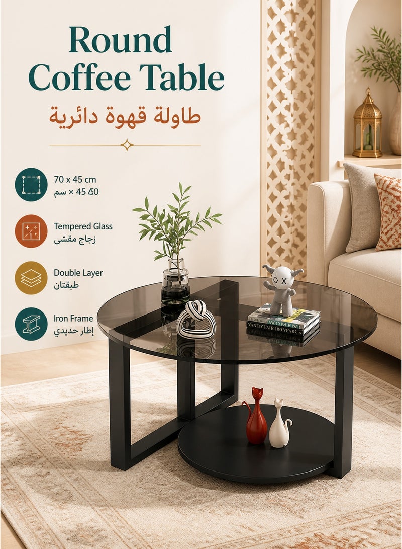 WALALLA Round Coffee Table with Storage, Round Coffee Tables for Living Room with Tempered Glass Top, Floor Table with Iron Feet Double-Layer Small Coffee Tables for Small Spaces,Black 70cm - Image 1