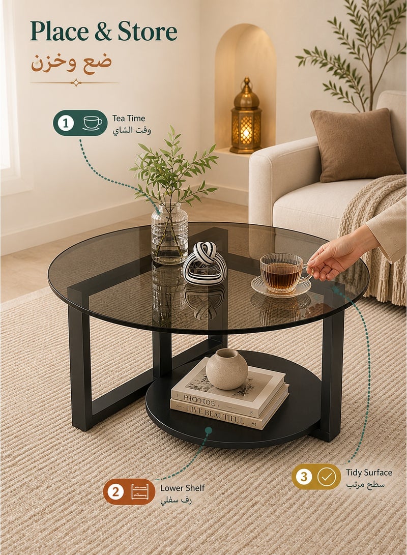 WALALLA Round Coffee Table with Storage, Round Coffee Tables for Living Room with Tempered Glass Top, Floor Table with Iron Feet Double-Layer Small Coffee Tables for Small Spaces,Black 70cm - Image 2