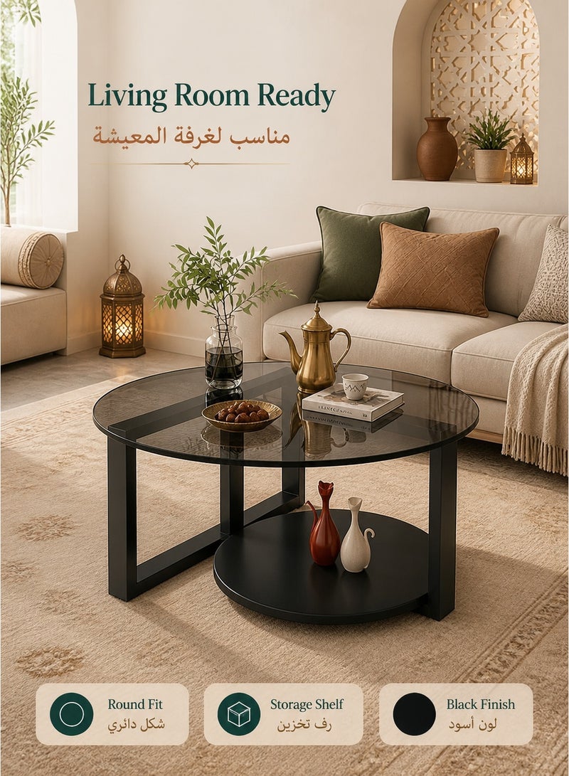 WALALLA Round Coffee Table with Storage, Round Coffee Tables for Living Room with Tempered Glass Top, Floor Table with Iron Feet Double-Layer Small Coffee Tables for Small Spaces,Black 70cm - Image 3