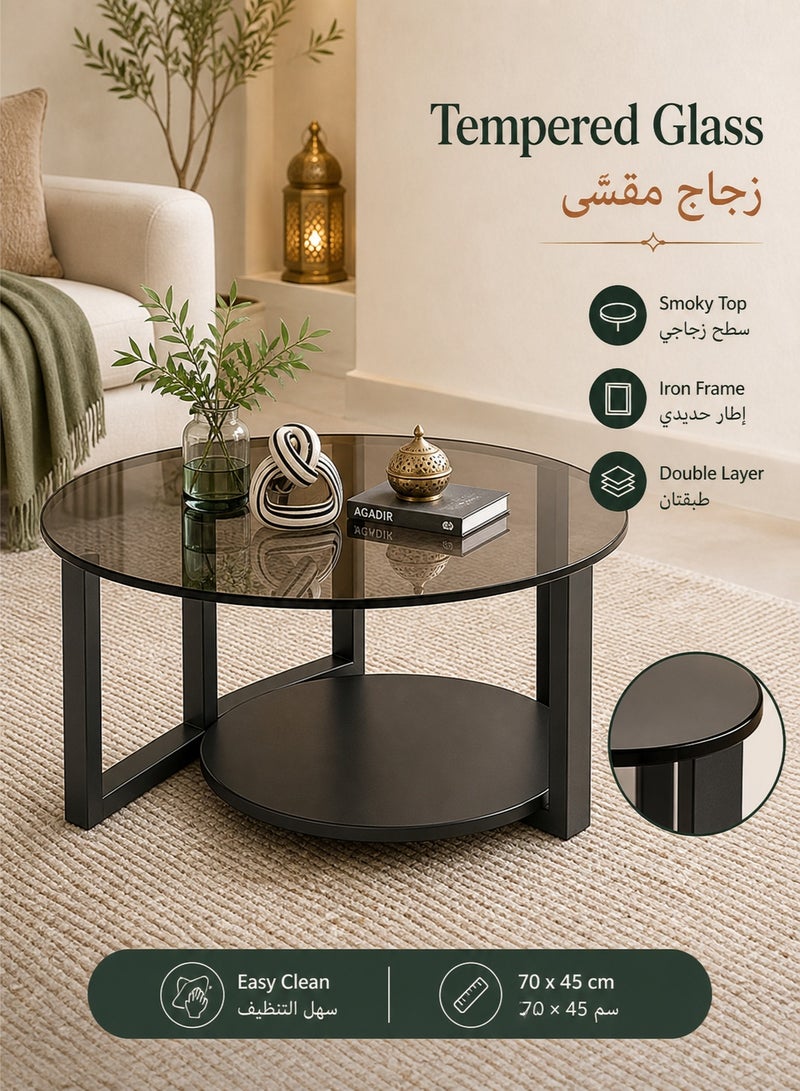 WALALLA Round Coffee Table with Storage, Round Coffee Tables for Living Room with Tempered Glass Top, Floor Table with Iron Feet Double-Layer Small Coffee Tables for Small Spaces,Black 70cm - Image 4