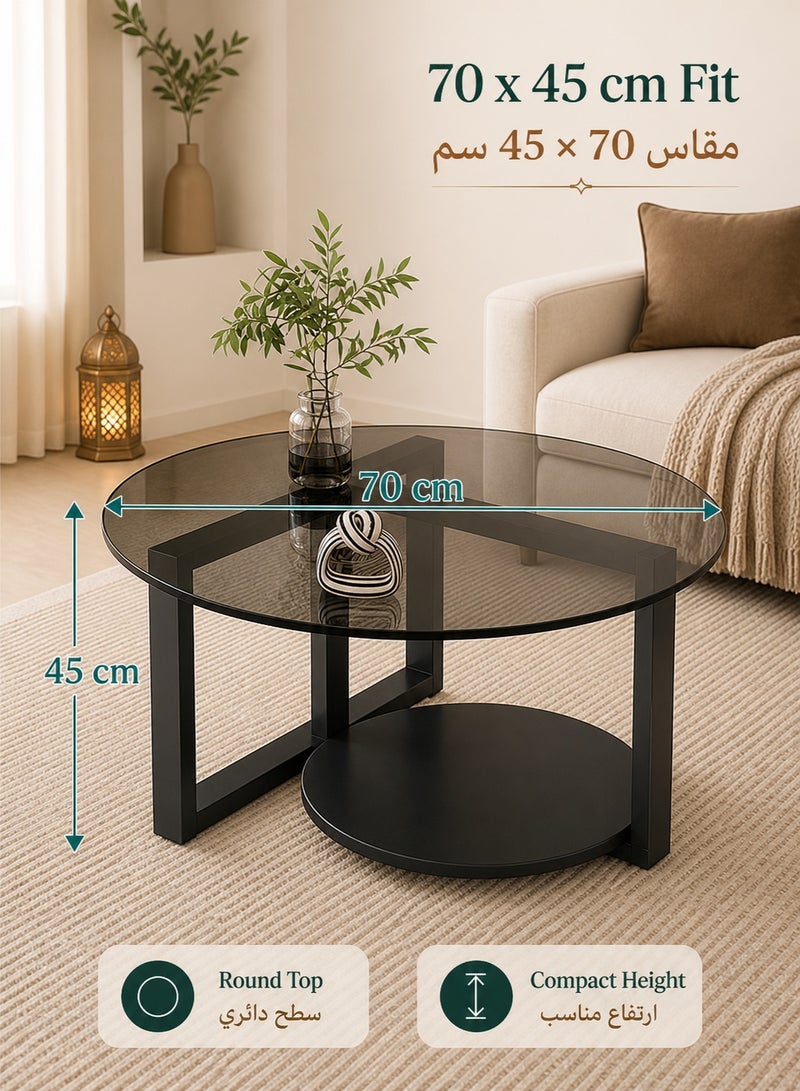 WALALLA Round Coffee Table with Storage, Round Coffee Tables for Living Room with Tempered Glass Top, Floor Table with Iron Feet Double-Layer Small Coffee Tables for Small Spaces,Black 70cm - Image 5