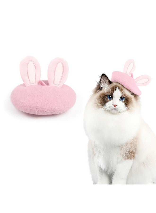 قبعة بيريه وردية اللون للقطط والكلاب الأليفة، قبعة بيريه صوفية بأذني أرنب، إكسسوارات لأغطية رأس الحيوانات الأليفة لحفلات عيد الفصح وأعياد الميلاد - Image 1