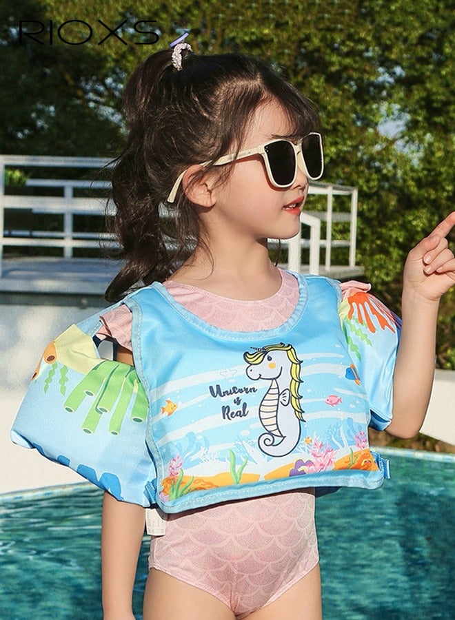 Toddler Swim Vest, Kids Boys Girls Swim Jacket with Buckle, Inflatable Swimming Arm Bands, Swim Aid Jumper, Swim Floaties Pool Float for Kids, Arm Floaties Water Wing Arm Band, Puddle/ Sea/ Beach/ Boat Jumper For Boy Girl Baby 2-6 Yrs, Blue Seahorse Swim Vest