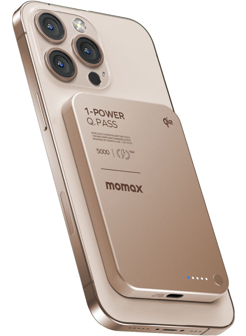 Momax 1-باور كيو.باس 5000 مللي أمبير Qi2 بنك طاقة لاسلكي مغناطيسي بقدرة إخراج تصل إلى 20 واط - تيتانيوم صحراوي - Image 1