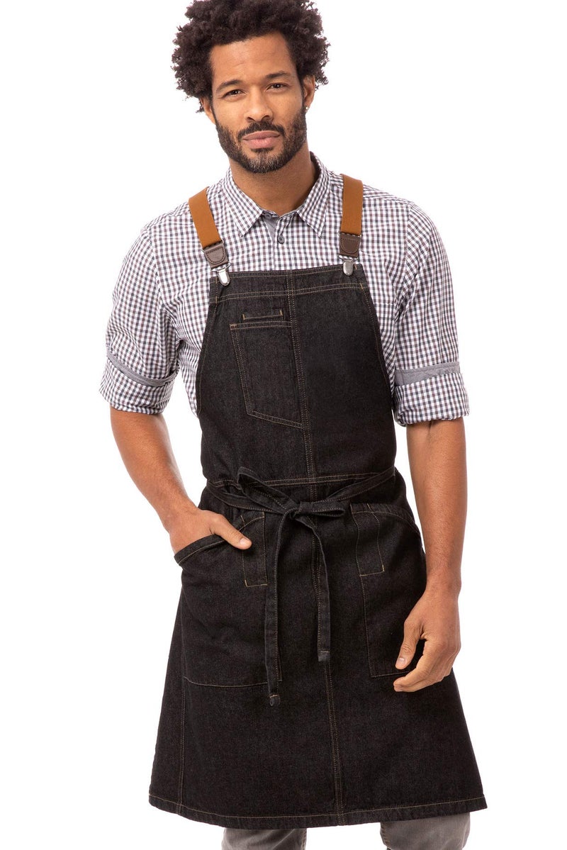 Chef Works Unisex Berkeley Bib Apron, Black W/Desert Sand Suspenders, One Size - Image 1
