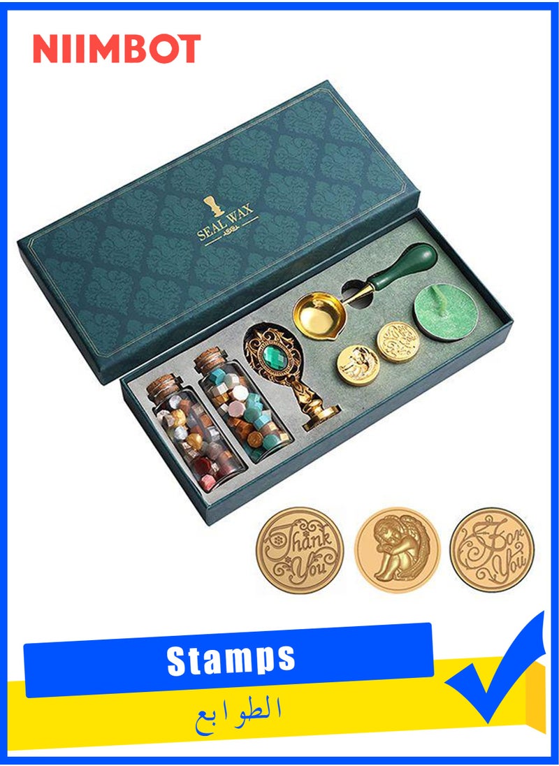 NIIMBOT Wax Seal Stamp Kit with Gift Box, 90 Pcs Wax Seal Beads and 3 Wax Seal Stamp, Sealing Wax Warmer, Vintage Wax Seal Stamp Wax Seal Metallic Pen, Anti-Scalding Wax Melting Spoon, Wax Sealing Beads Wax Seal Kit for Gift and Decoration  - Image 1