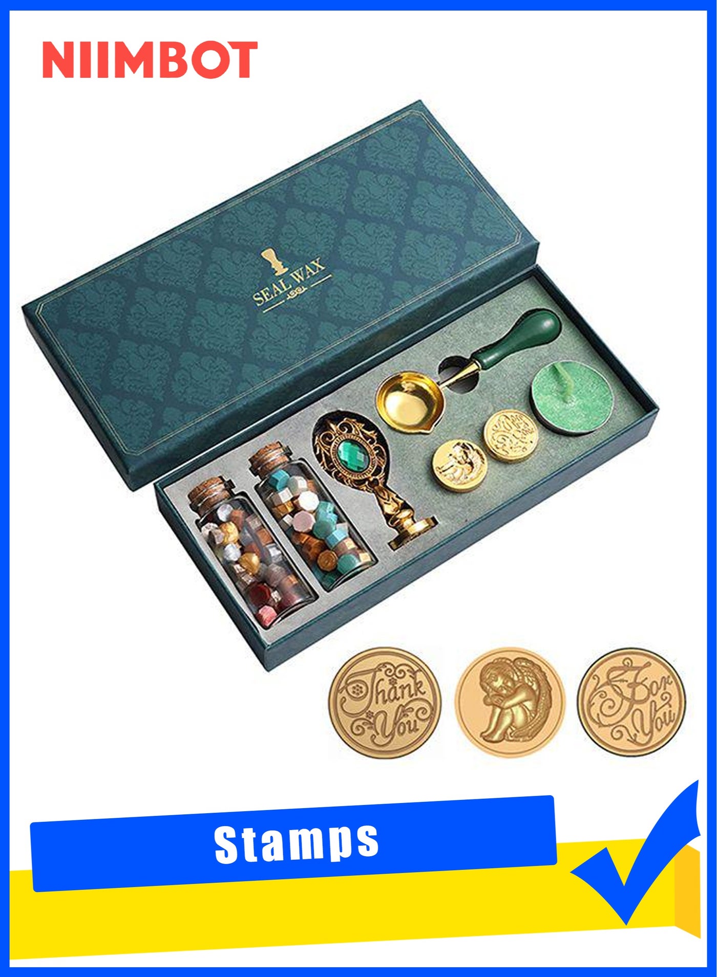 Wax Seal Stamp Kit with Gift Box, 90 Pcs Wax Seal Beads and 3 Wax Seal Stamp, Sealing Wax Warmer, Vintage Wax Seal Stamp Wax Seal Metallic Pen, Anti-Scalding Wax Melting Spoon, Wax Sealing Beads Wax Seal Kit for Gift and Decoration