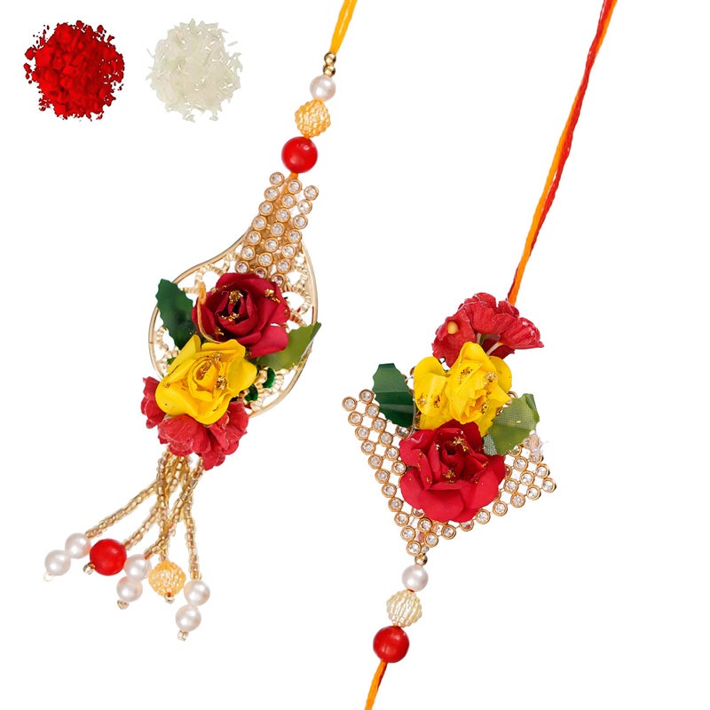 iinfinize Floral Designer Lumba Rakhi Set | Indian Gold Plated Hand Crafted Cotton Thread Bracelet Rakhi For Women Men Bhai Bhabhi Rakhis Gift With Roli Chawal - Image 1